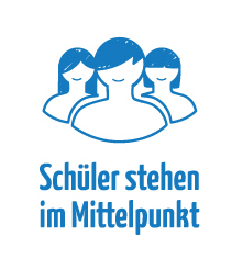 Symbol für Schüler stehen im Mittelpunkt Illustrierte, blaue Figuren. Symbol für Schüler stehen im Mittelpunkt.